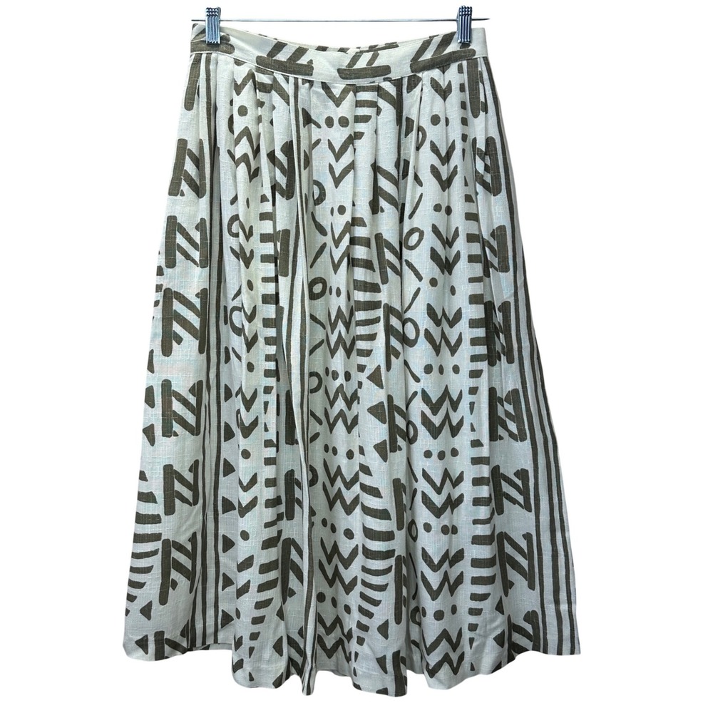 Rumours VTG Tribal Geometric Midi Skirt‎ White Olive Rayon Flax Blend 11/12 USA